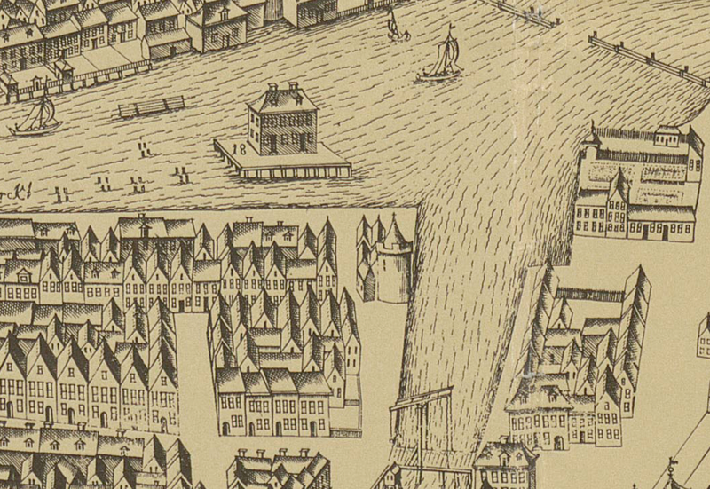 Am unteren Bildrand die Roßstraßenbrücke. Ausschnitt aus dem Vogelschauplan von Johann Bernhard Schultz, 1688 09 ausschnitt vogelschauplan schulz
