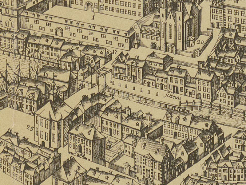Die Lage der ersten Berliner Schleuse westlich des Schlosses. Ausschnitt aus dem Vogelschauplan von Johann Bernhard Schultz, 1688 12 ausschnitt vogelschauplan schulz