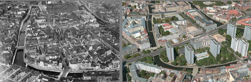 Links: Schrägluftbild des Südens der Spreeinsel und Alt-Cöllns (heute „Fischerinsel“), um 1930 (akg/Willo Göpel), Rechts: Süden der Spreeinsel: sogenannte Fischerinsel, um 2017 (copyright Philipp Meuser DOM Publisher) 22 luftbilder spreeinsel